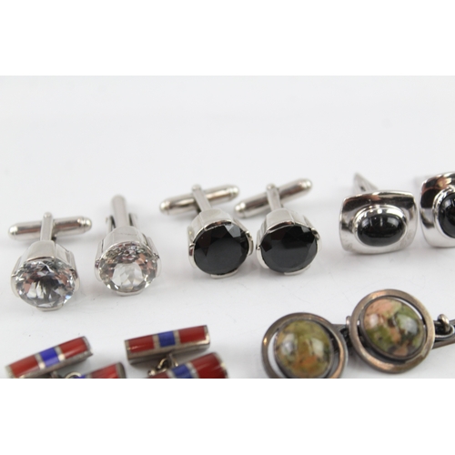 359 - Collection of Sterling Silver Gemstone Cufflinks inc. Unakite, Lapis x 6 66g