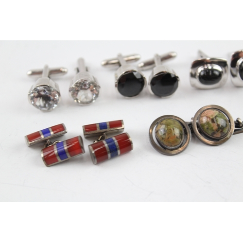 359 - Collection of Sterling Silver Gemstone Cufflinks inc. Unakite, Lapis x 6 66g