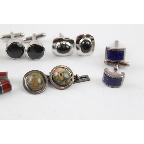 359 - Collection of Sterling Silver Gemstone Cufflinks inc. Unakite, Lapis x 6 66g