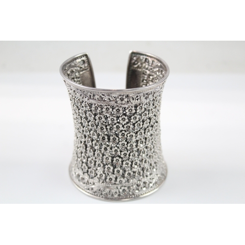 373 - Sterling Silver Embossed Floral Cut Work Wide Cuff Bangle 101g