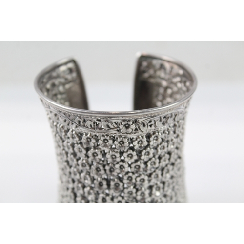 373 - Sterling Silver Embossed Floral Cut Work Wide Cuff Bangle 101g