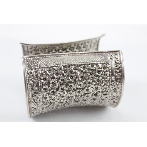 373 - Sterling Silver Embossed Floral Cut Work Wide Cuff Bangle 101g