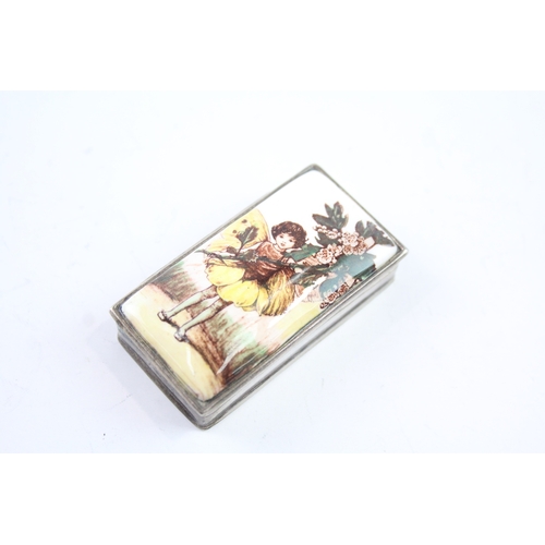 376 - Vintage Stamped .925 Sterling Silver Trinket Box w/ Enamel Fairy Scene (37g)