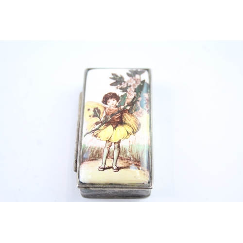 376 - Vintage Stamped .925 Sterling Silver Trinket Box w/ Enamel Fairy Scene (37g)