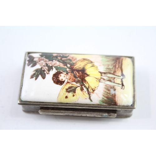 376 - Vintage Stamped .925 Sterling Silver Trinket Box w/ Enamel Fairy Scene (37g)