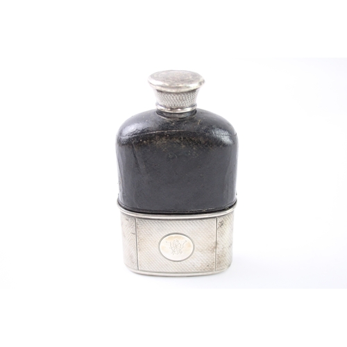 377 - Antique Victorian 1864 London Sterling Silver & Leather Gents Hip Flask (261g)