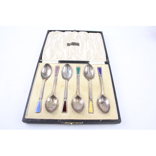 398 - 6 x Vintage Hallmarked 1933 Birmingham Sterling Silver Teaspoons w/ Enamel 60g