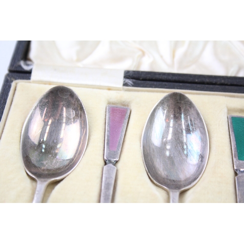 398 - 6 x Vintage Hallmarked 1933 Birmingham Sterling Silver Teaspoons w/ Enamel 60g