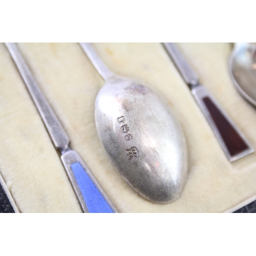 398 - 6 x Vintage Hallmarked 1933 Birmingham Sterling Silver Teaspoons w/ Enamel 60g