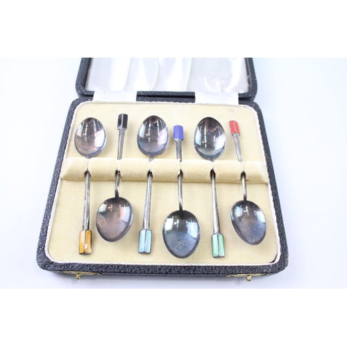 424 - 6 x Vintage 1948 Birmingham Sterling Silver Enamel Detailed Teaspoons Cased 45g