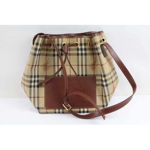 477 - BURBERRY London Beige Check Nova & Brown Leather Bucket Bag