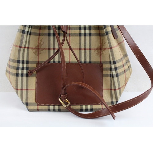 477 - BURBERRY London Beige Check Nova & Brown Leather Bucket Bag