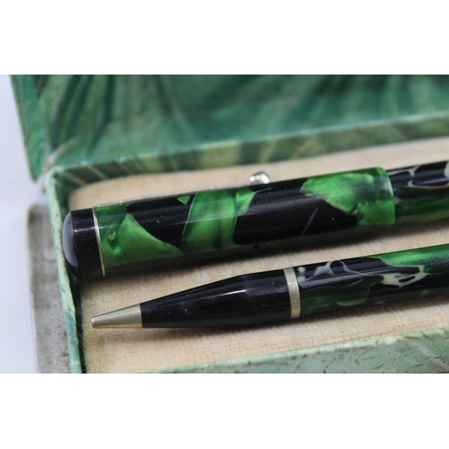 530 - Vintage Conway Stewart Scribe 36 Green Fountain Pen w/ 14ct Nib, Pencil, Box Etc