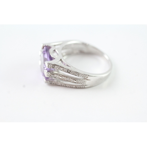 25 - 9ct white gold amethyst solitaire cocktail ring w/ diamond set shoulders (5.3g) Size N