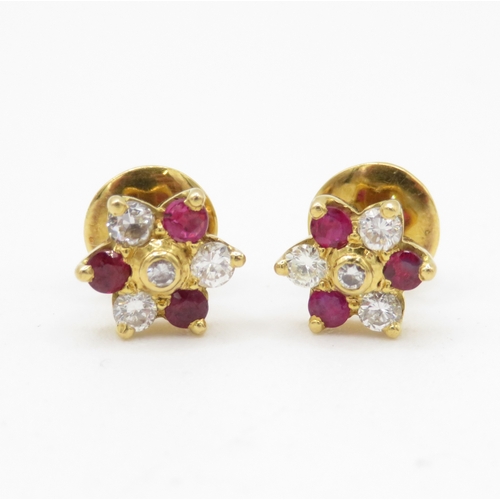 55 - 18ct gold ruby & diamond cluster stud earrings (4.3g) Size N