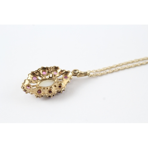 78 - 9ct gold opal and pink gemstone pendant on chain (2.5g)