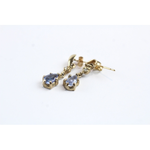 93 - 9ct gold blue gemstone and diamond drop earrings w/ posts (1.4g)