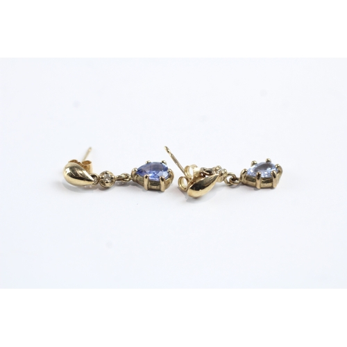 93 - 9ct gold blue gemstone and diamond drop earrings w/ posts (1.4g)