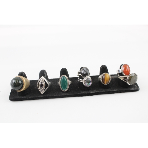 Collection of Sterling Silver Gemstone Rings inc. Snowflake Obsidian x 8 67g
