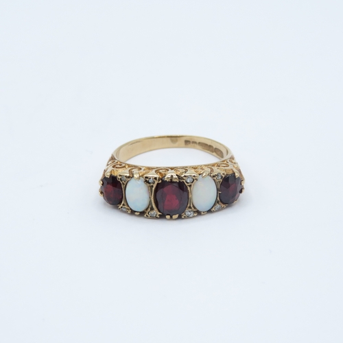 112 - 9ct gold vintage gypsy set opal, garnet and diamond dress ring (5.4g) Size Q