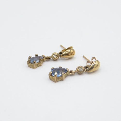 93 - 9ct gold blue gemstone and diamond drop earrings w/ posts (1.4g)