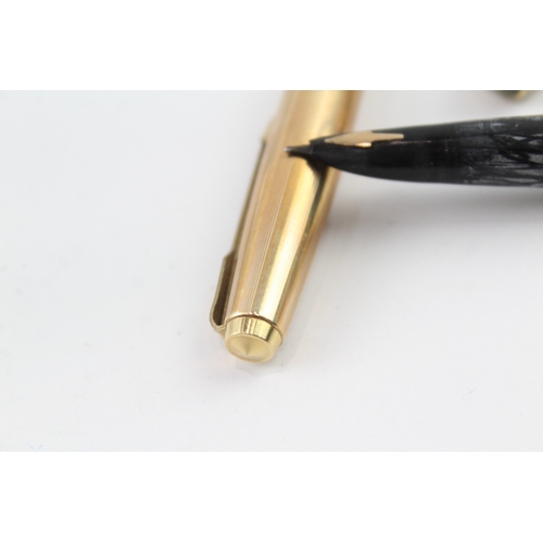 2 x Vintage Parker 61 Gold Plated Cased Fountain Pen w/ 14ct Nibs WRITING