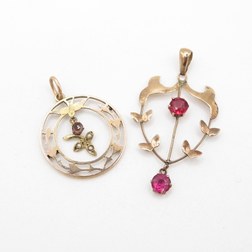 9ct gold x 2 garnet topped doublet, seed pearl & amethyst foliate pendant brooch set (2.5g)