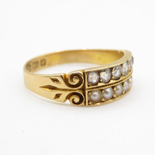 17 - 18ct gold antique old cut diamond & seed pearl two row ring (2.8g) Size M