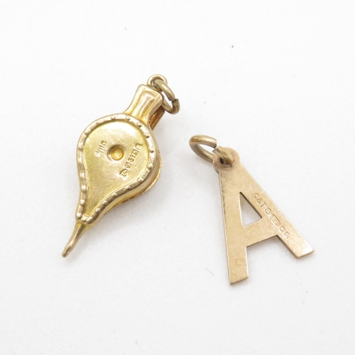 50 - 2x 9ct gold initial 'A' & bellow charms (1.5g)