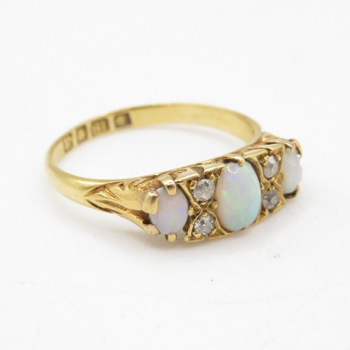 59 - 18ct gold opal & diamond boat dress ring (2.4g) Size L