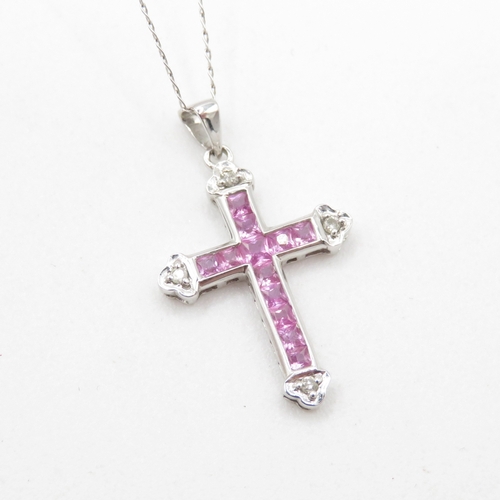 9ct gold pink sapphire and diamond cross pendant on chain (1.6g)