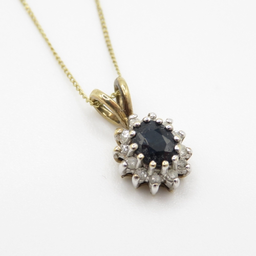 60 - 9ct gold sapphire & diamond cluster pendant necklace (1.4g)