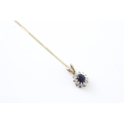 60 - 9ct gold sapphire & diamond cluster pendant necklace (1.4g)
