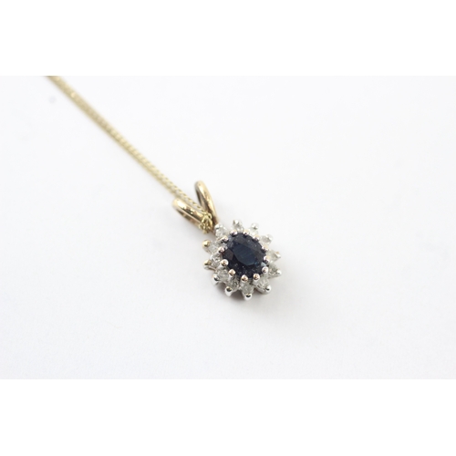 60 - 9ct gold sapphire & diamond cluster pendant necklace (1.4g)