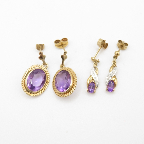 2x 9ct gold amethyst & diamond drop earrings (3.2g)