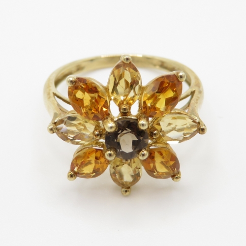 9ct gold citrine and smokey quartz sunflower ring (2.9g) Size P