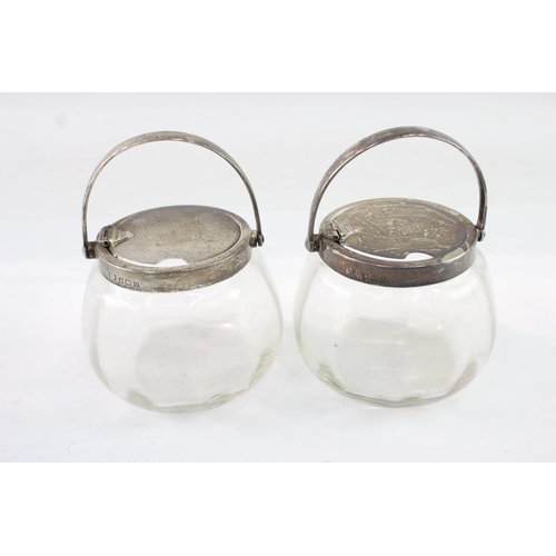 Antique 1913 Birmingham Sterling Silver Topped Glass Condiment Dishes 492g