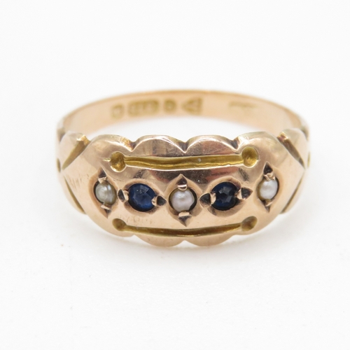 192 - 9ct gold seed pearl and sapphire five stone ring (1.4g) Size N