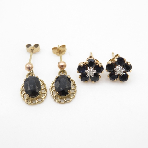 205 - 2 x 9ct gold diamond and sapphire stud earrings (2.9g)