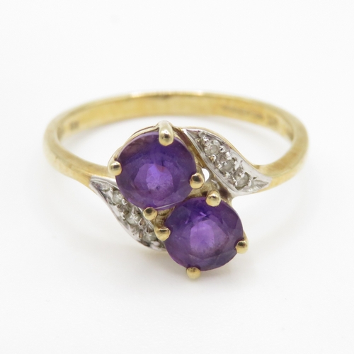218 - 9ct gold amethyst and diamond twin stone ring (1.7g) Size M