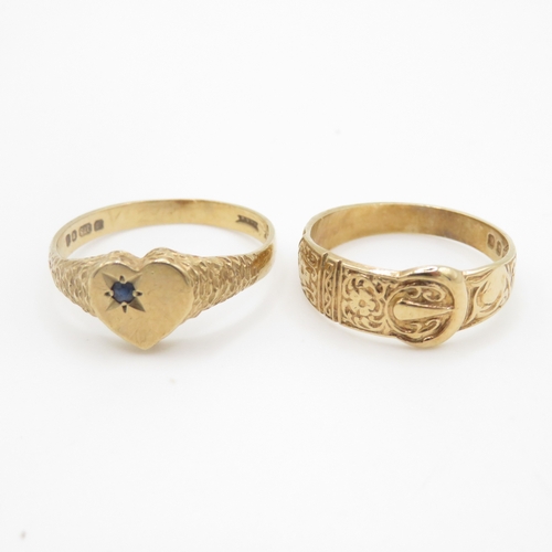 220 - 2x 9ct gold vintage sapphire signet & buckle ring (3.2g) Size I + K