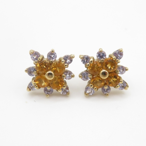 222 - 9ct gold tanzanite and citrine cluster stud earrings (2.3g)