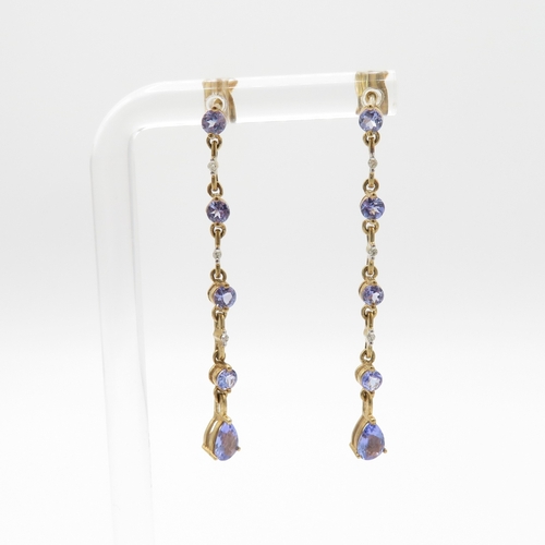 231 - 9ct gold tanzanite and diamond drop earrings (2.6g)
