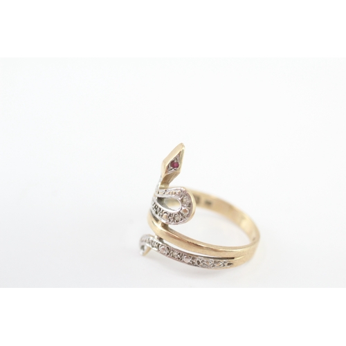 247 - 9ct gold diamond and ruby eyed snake ring (2.6g) Size K 1/2