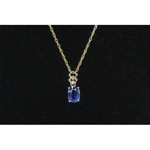 257 - 9ct gold kyanite & diamond pendant necklace (1.8g)
