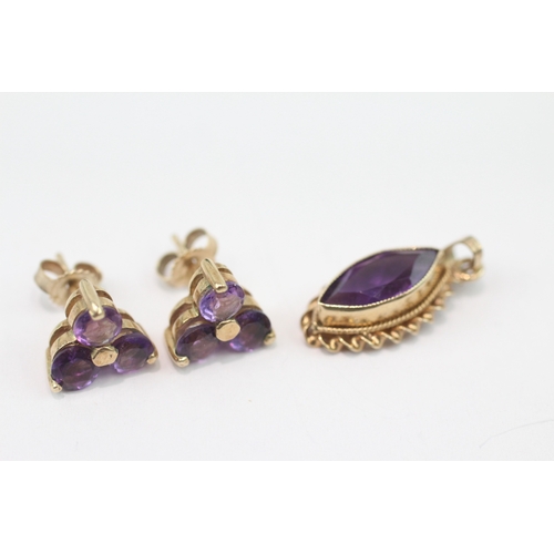283 - 9ct gold amethyst stud earrings and similar pendant (3.5g)