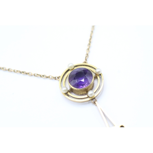 287 - 9ct gold antique amethyst and seed pearl necklace (3.8g)