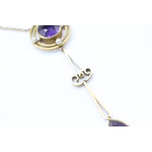 287 - 9ct gold antique amethyst and seed pearl necklace (3.8g)