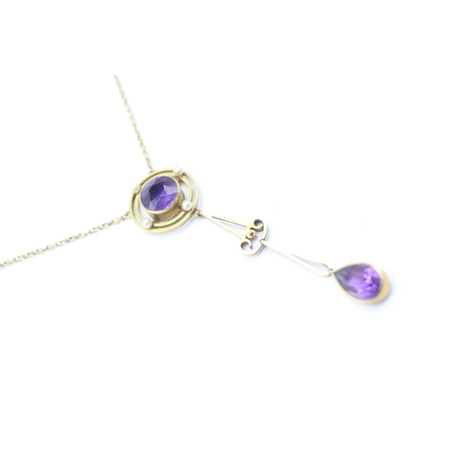 287 - 9ct gold antique amethyst and seed pearl necklace (3.8g)