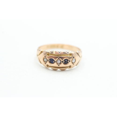 192 - 9ct gold seed pearl and sapphire five stone ring (1.4g) Size N
